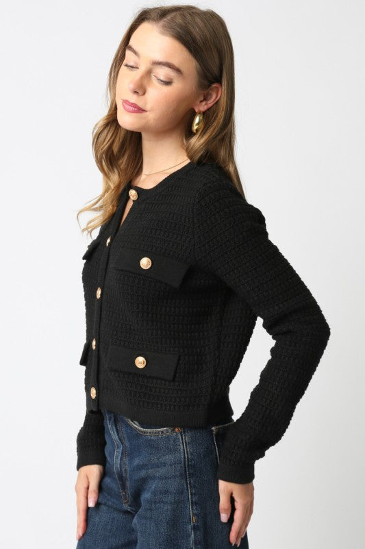 OLIVACEOUS BLACK MAGGIE KNIT BUTTON CARDI SWEATER