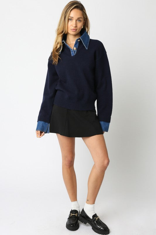 OLIVACEOUS NAVY DENIM KNIT CONTRAST TOP TABITHA