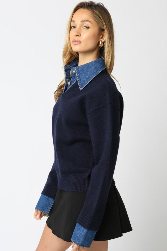 OLIVACEOUS NAVY DENIM KNIT CONTRAST TOP TABITHA