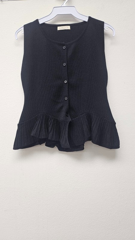 SLEEVELESS BLACK KNIT RUFFLE HEM CARDIGAN