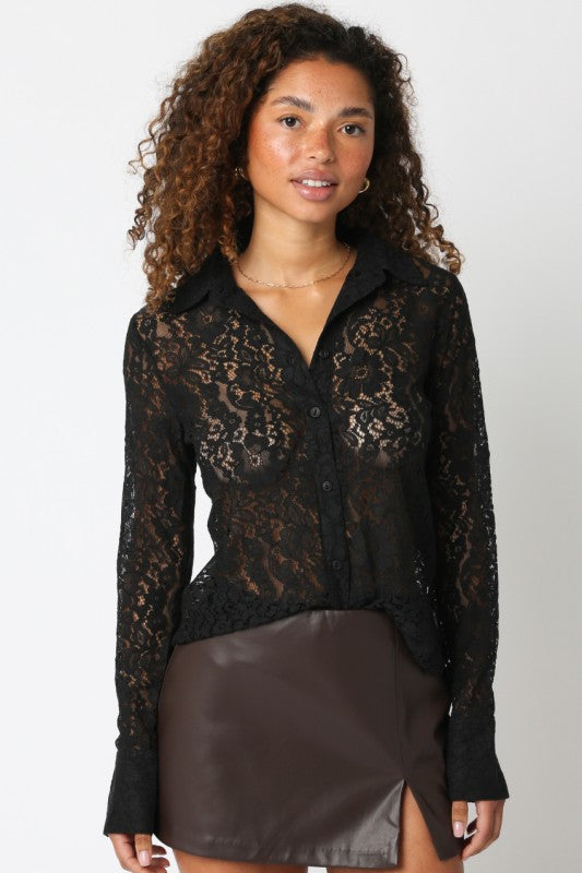 OLIVACEOUS BLACK LACE BUTTON FRONT
