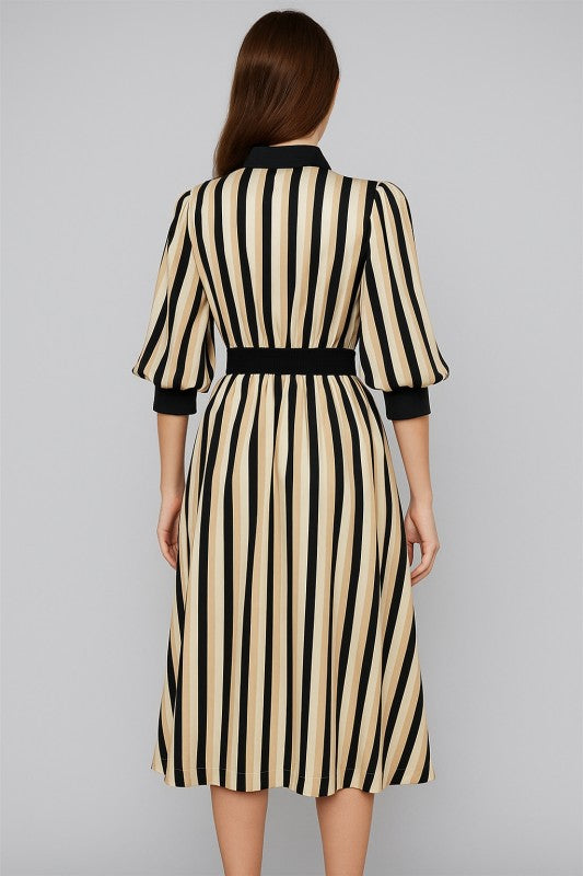 FATE IVORY BLACK SAND SATIN STRIPE BUTTON MIDI DRESS