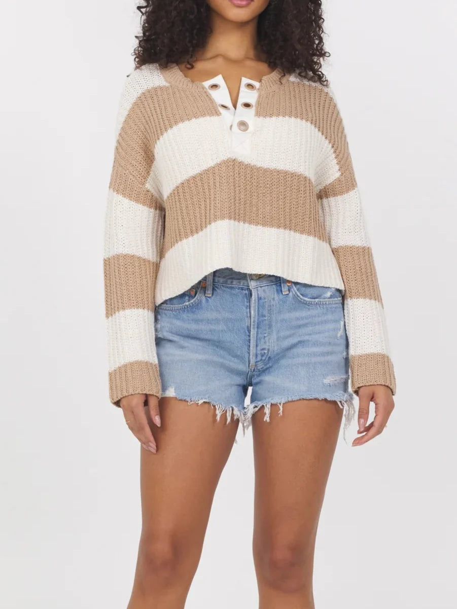 VINTAGE HAVANA IVORY & TAN STRIPED GROMMET SWEATER