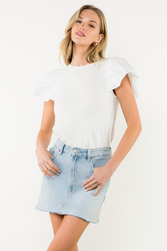 THML WHITE FLUTTER SLEEVE TOP