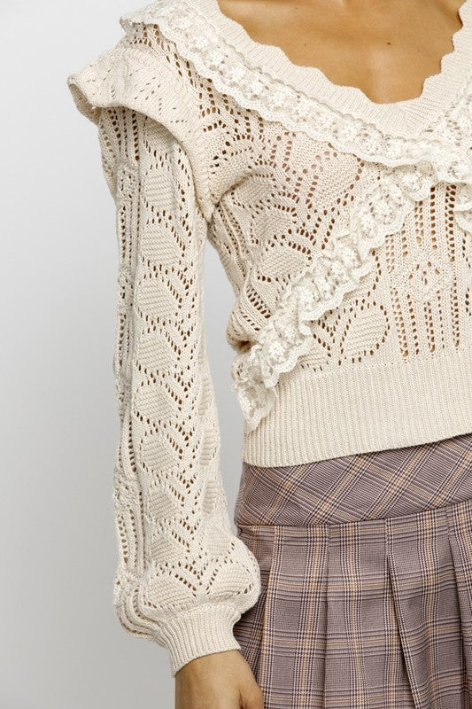 BEIGE SOLID KNIT LACE SWEATER