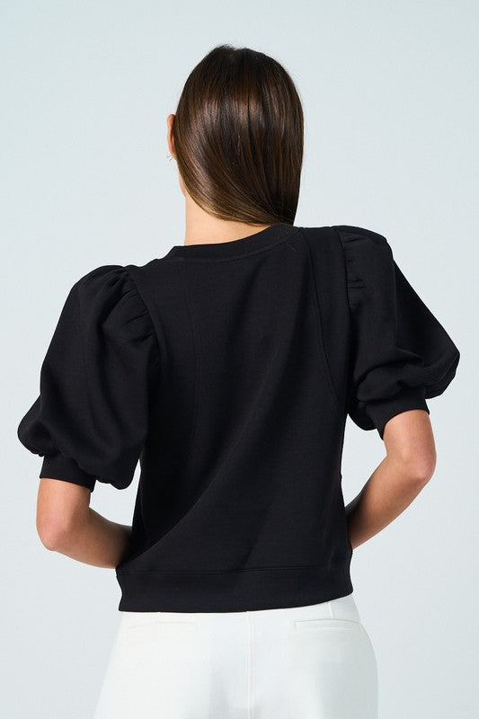BLACK PUFF SLEEVE KNIT TOP SHORT SLEEVE