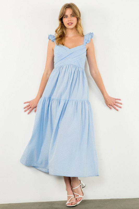 BLUE WHITE FLUTTER SLEEVE STRIPED DRESS