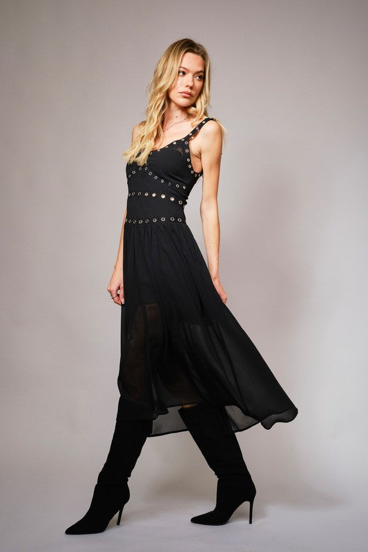 BLACK CHIFFON GROMMET TRIM DRESS