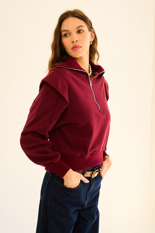 BURGUNDY HALF ZIP FRONT ZIP UP RUFFLED SWEATSHIRT