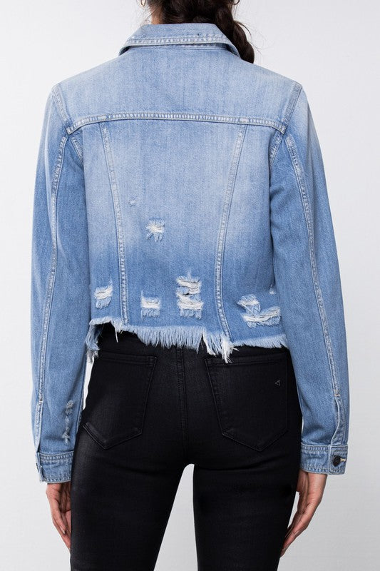 HIDDEN LIGHT WASH FRAYED BOTTOM FITTED JACKETF