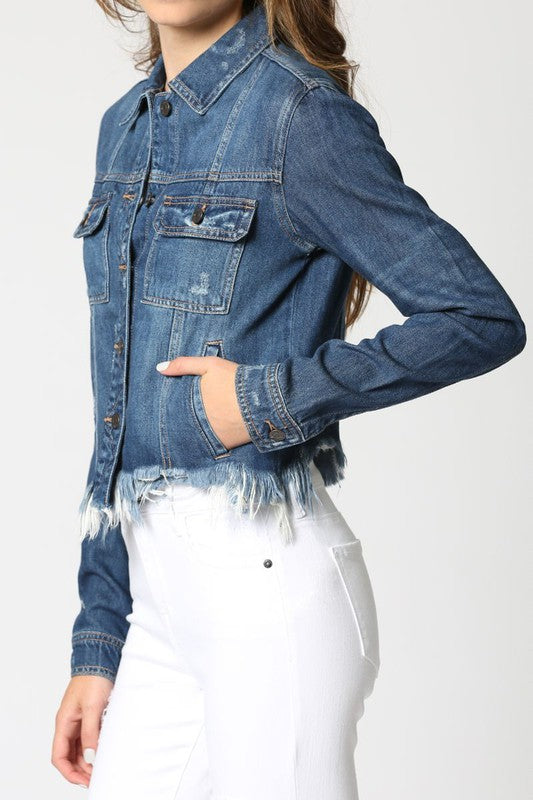 HIDDEN FRAYED FITTED JACKET DARK WASH