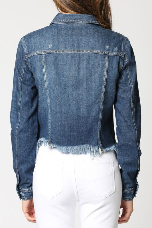 HIDDEN FRAYED FITTED JACKET DARK WASH