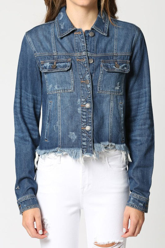HIDDEN FRAYED FITTED JACKET DARK WASH
