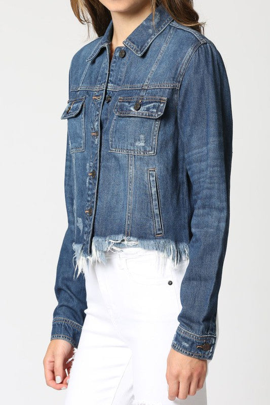 HIDDEN FRAYED FITTED JACKET DARK WASH