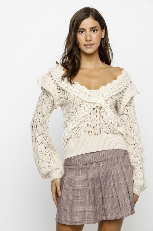 BEIGE SOLID KNIT LACE SWEATER