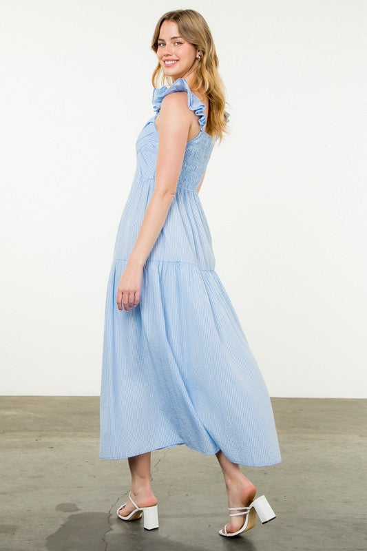 BLUE WHITE FLUTTER SLEEVE STRIPED DRESS