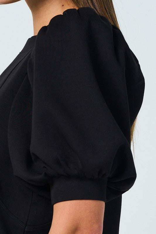 BLACK PUFF SLEEVE KNIT TOP SHORT SLEEVE