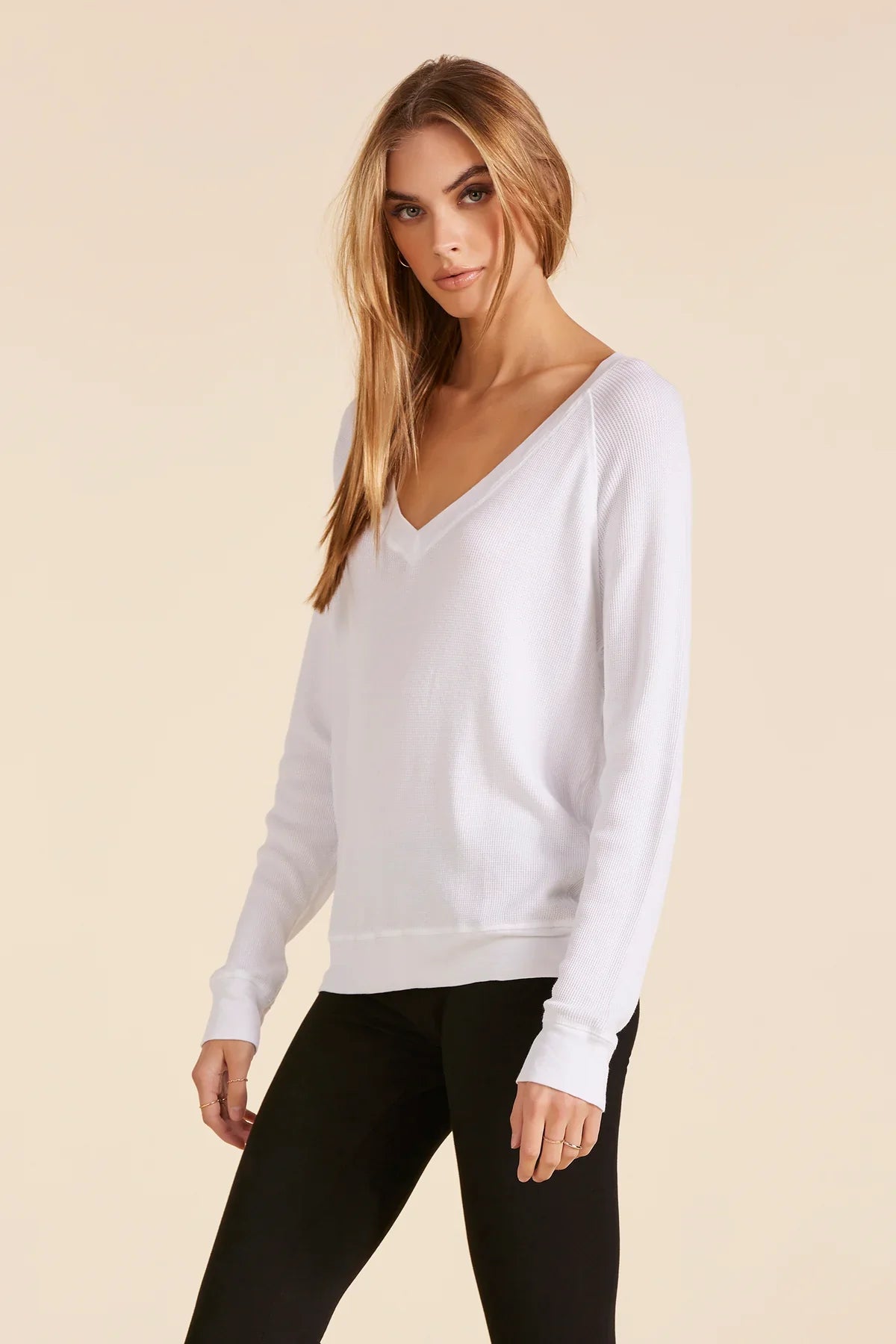 BOBI BOYFRIEND V NECK WAFFLE TOP WHITE