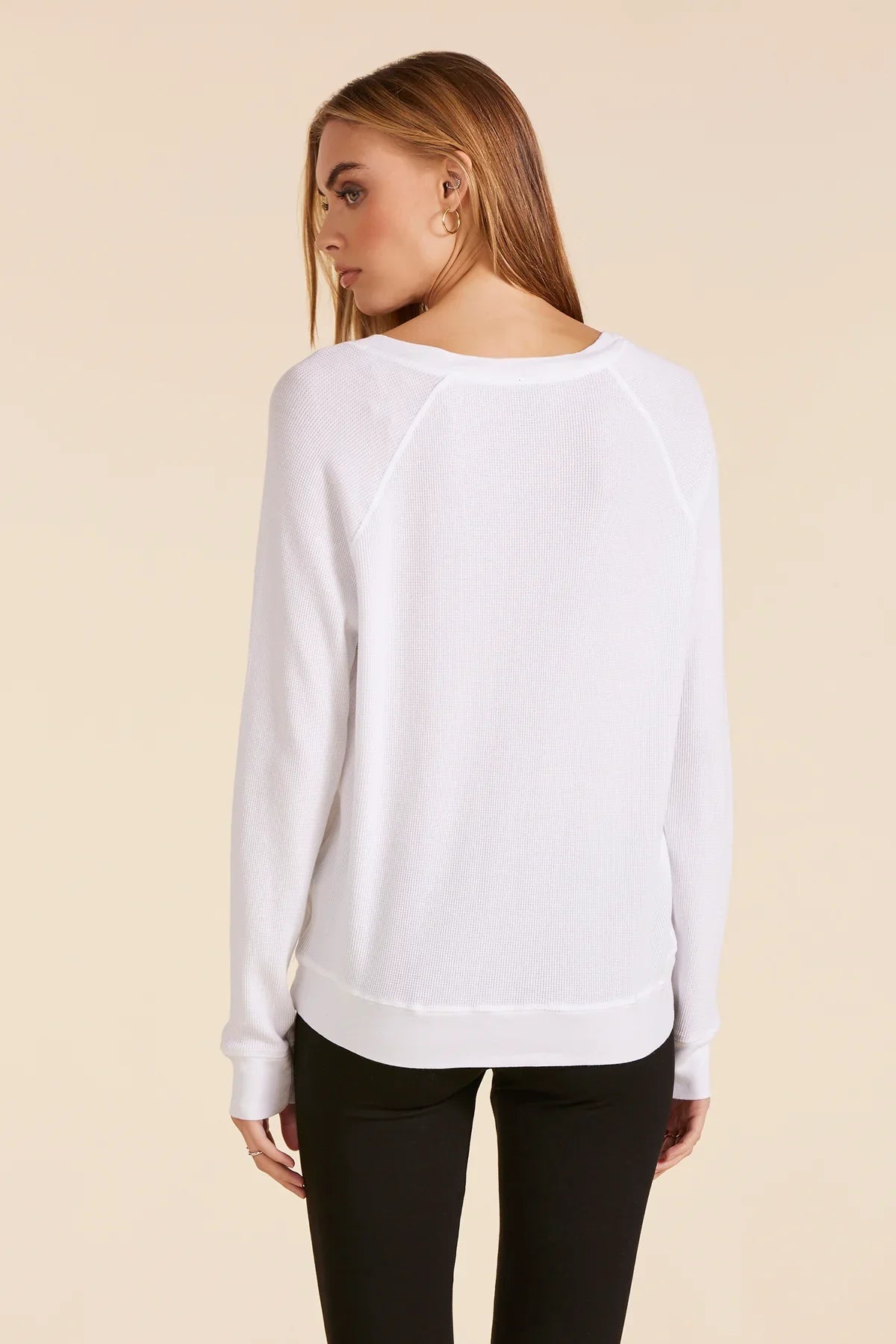 BOBI BOYFRIEND V NECK WAFFLE TOP WHITE