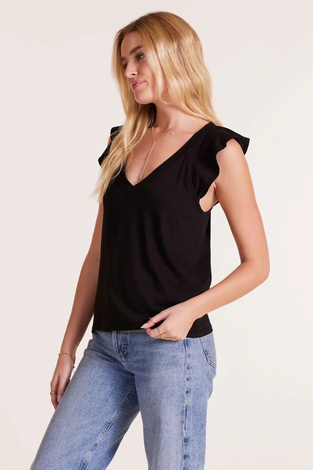 BOBI FLUTTER SLEEVE V NECK RAGLAN TEE RUBY PINK