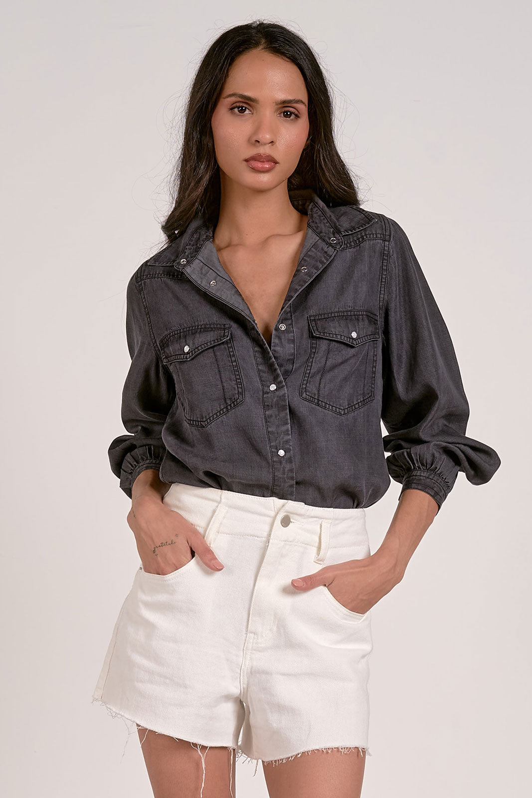 ELAN WASHED BLACK DENIM BUTTON DOWN