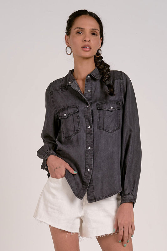 ELAN WASHED BLACK DENIM BUTTON DOWN