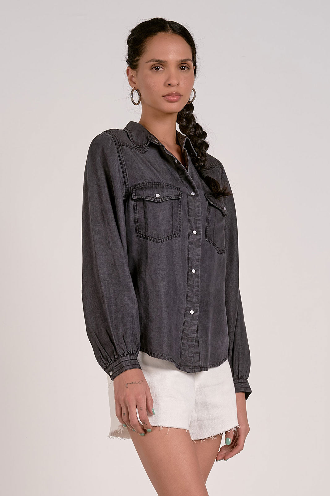 ELAN WASHED BLACK DENIM BUTTON DOWN