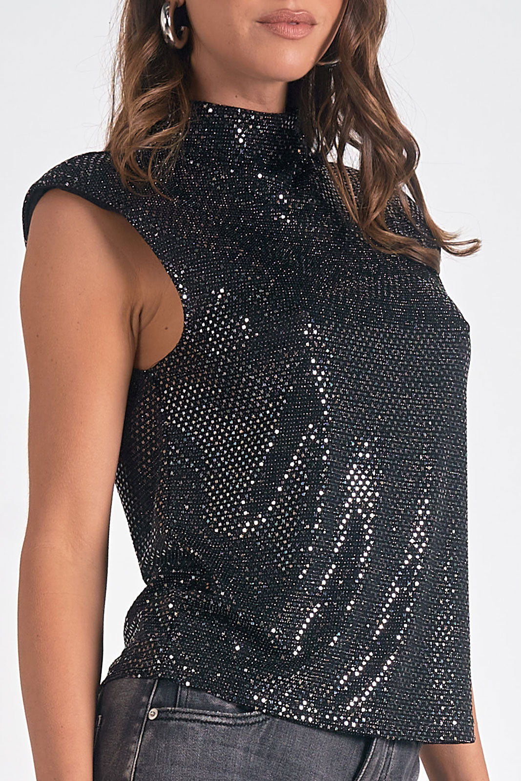 ELAN BLACK MOCK NECK CAP SLEEVE TOP SEQUIN SHIMMER