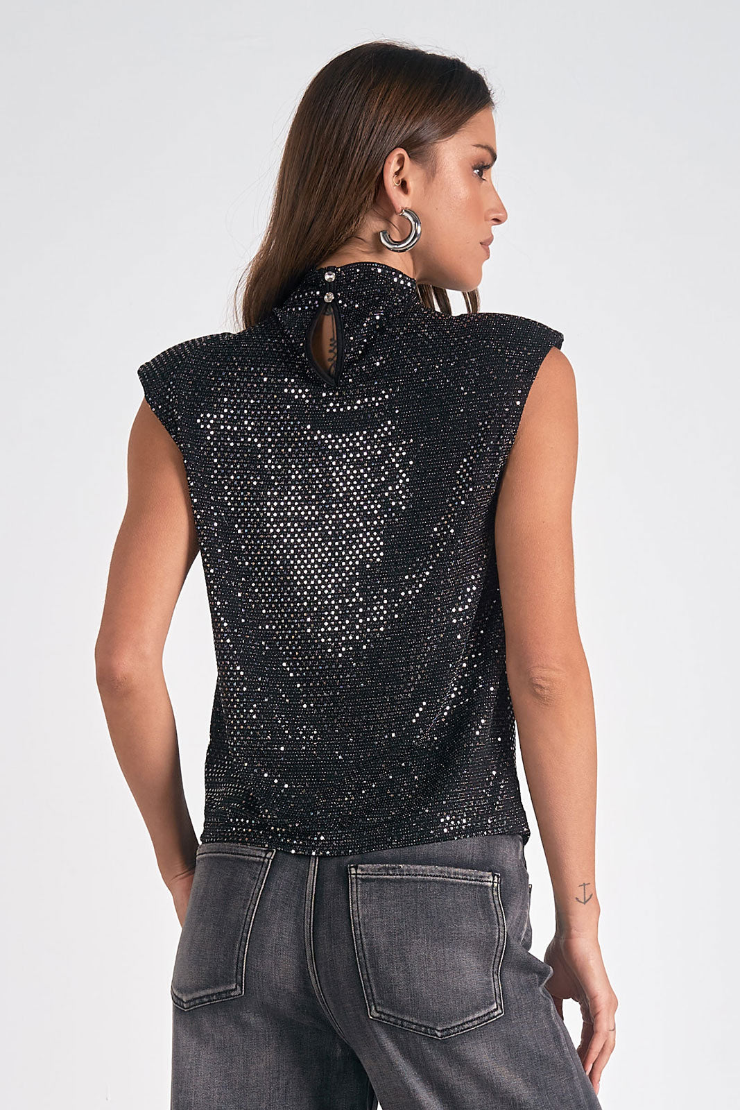 ELAN BLACK MOCK NECK CAP SLEEVE TOP SEQUIN SHIMMER