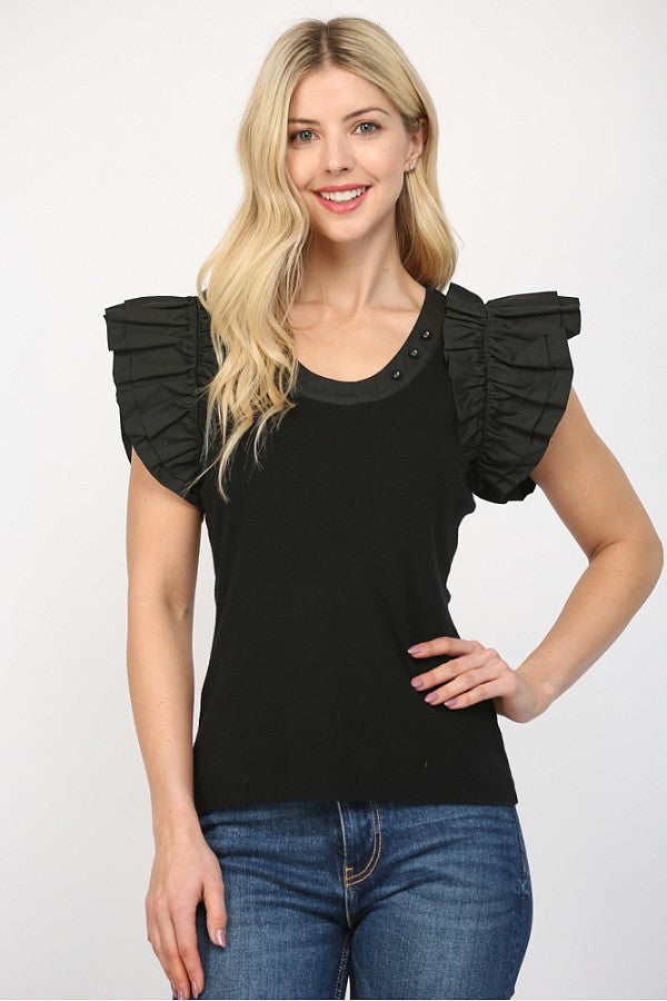 FATE BLACK RUFFLED FITTED SWEATER TOP