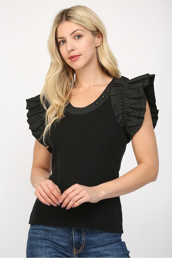 FATE BLACK RUFFLED FITTED SWEATER TOP