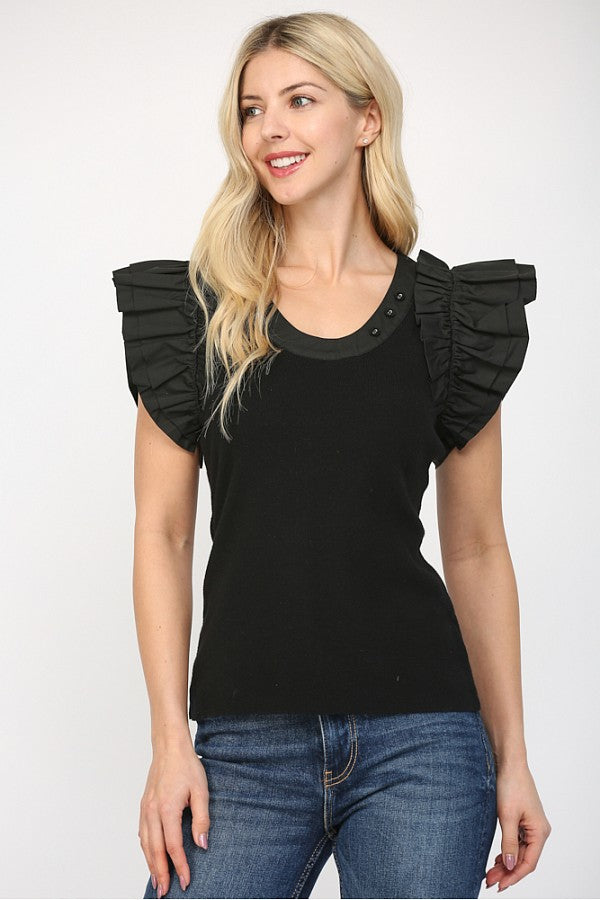 FATE BLACK RUFFLED FITTED SWEATER TOP