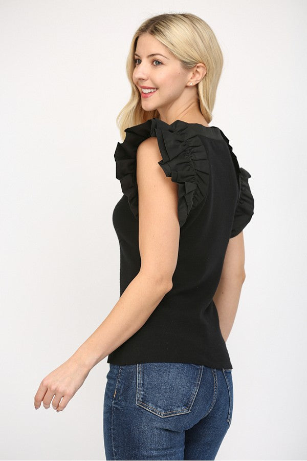 FATE BLACK RUFFLED FITTED SWEATER TOP