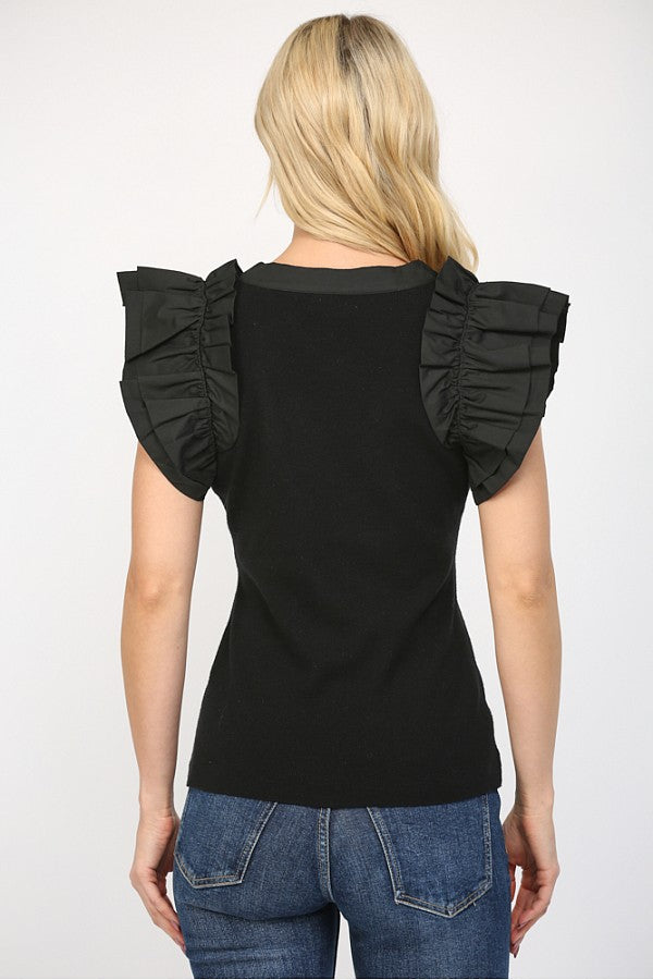 FATE BLACK RUFFLED FITTED SWEATER TOP