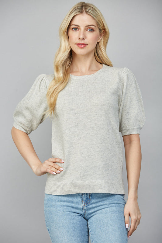 FATE BRAIDED DETAIL SHORT SLEEVE SWEATER HEATHER GREY