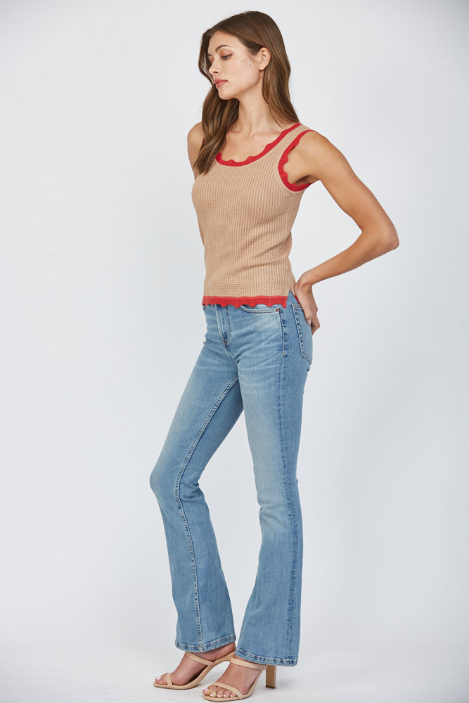 FATE COLORBLOCK WAFFLE SCALLOP TANK MOCHA CORAL