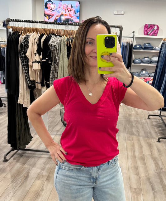 BOBI FLUTTER SLEEVE V NECK RAGLAN TEE RUBY PINK