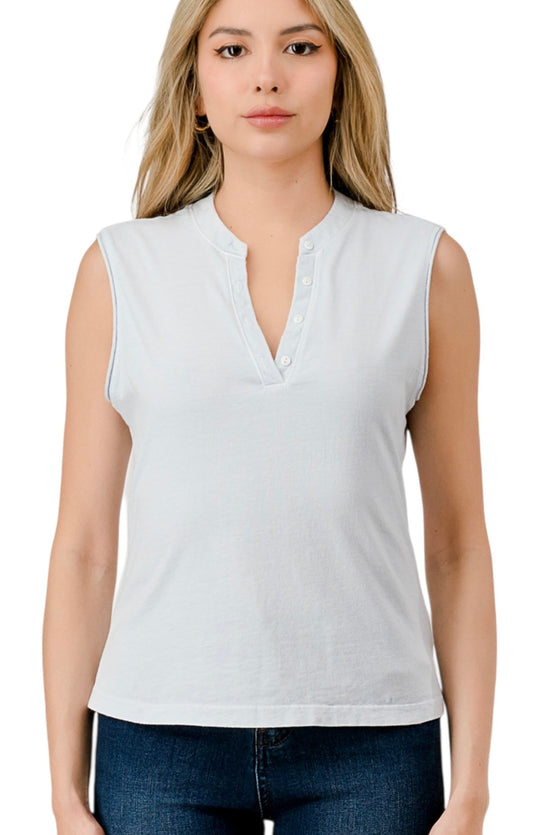 HASHTTAG GARMENT DYE SLEEVELESS HENLEY TOP PALE BLUE