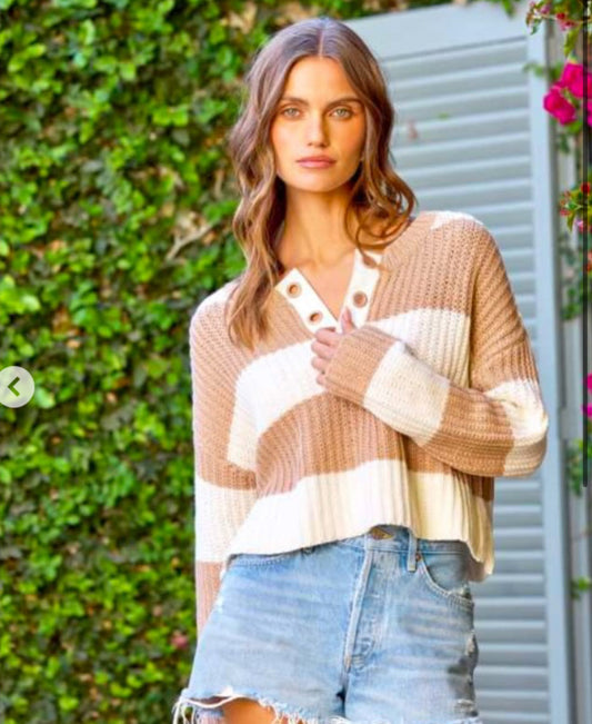 VINTAGE HAVANA IVORY & TAN STRIPED GROMMET SWEATER