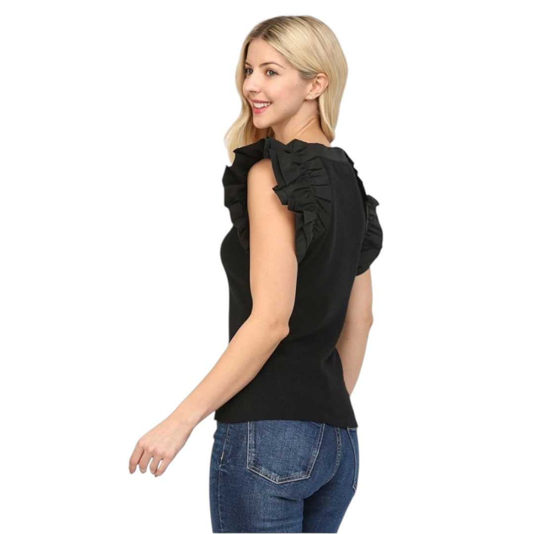 FATE BLACK RUFFLED FITTED SWEATER TOP
