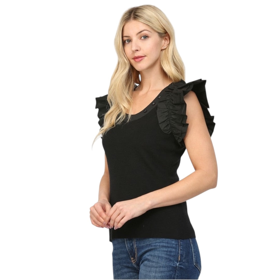 FATE BLACK RUFFLED FITTED SWEATER TOP