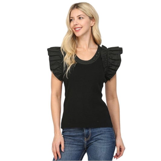 FATE BLACK RUFFLED FITTED SWEATER TOP