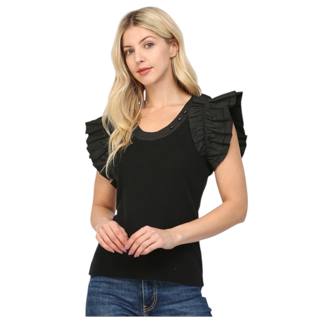 FATE BLACK RUFFLED FITTED SWEATER TOP