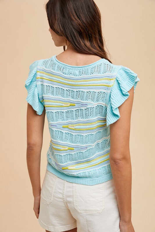AQUA RUFFLE SLEEVE POINTELLE TOP