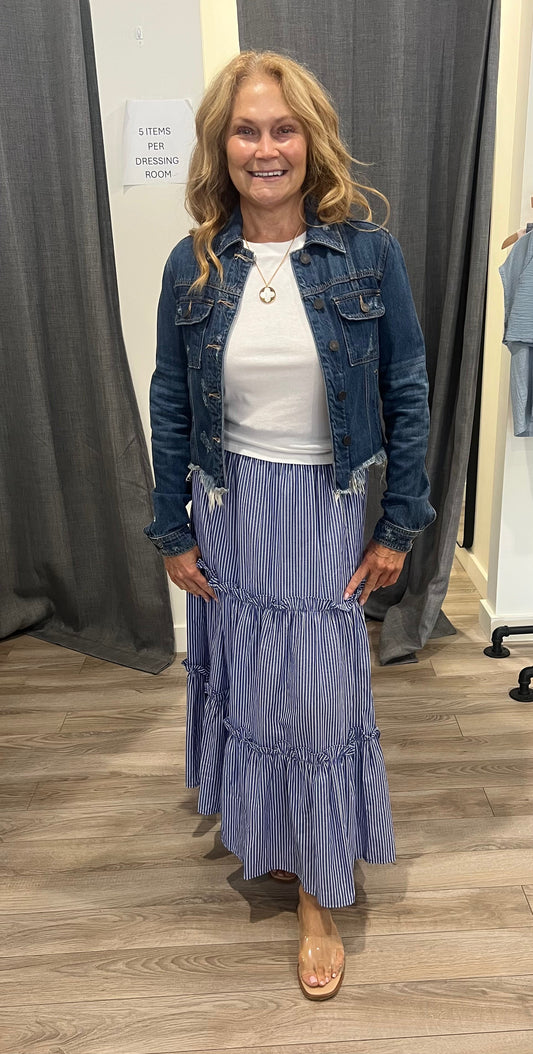 THML BLUE WHITE STRIPED TIERED MAXI SKIRT
