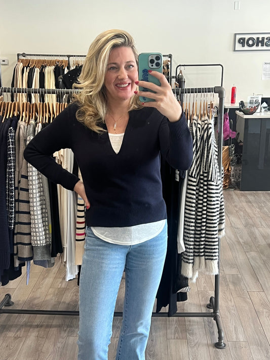 ELAN NAVY WHITE V NECK LAYERED SWEATER