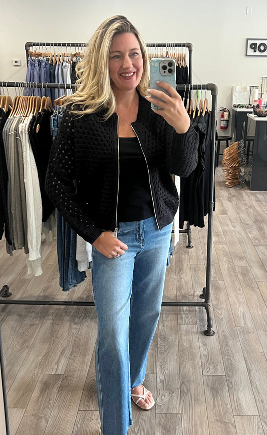 ELAN BLACK OPEN KNIT ZIP CARDIGAN SWEATER