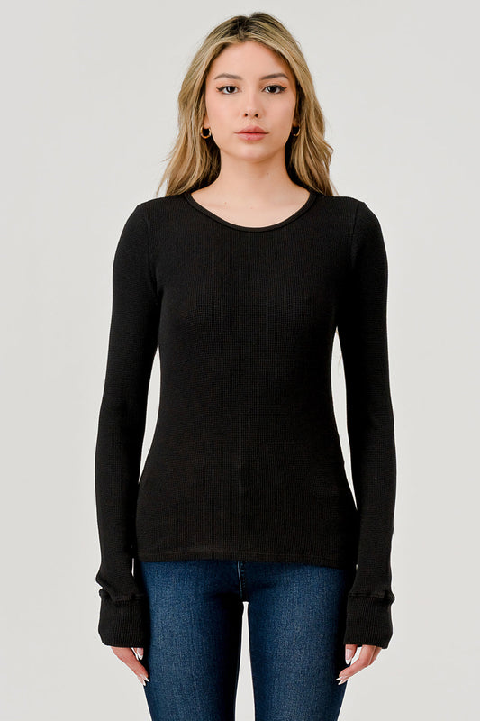 HASHTTAG GARMENT DYED THERMAL LONG SLEEVE TOP BLACK