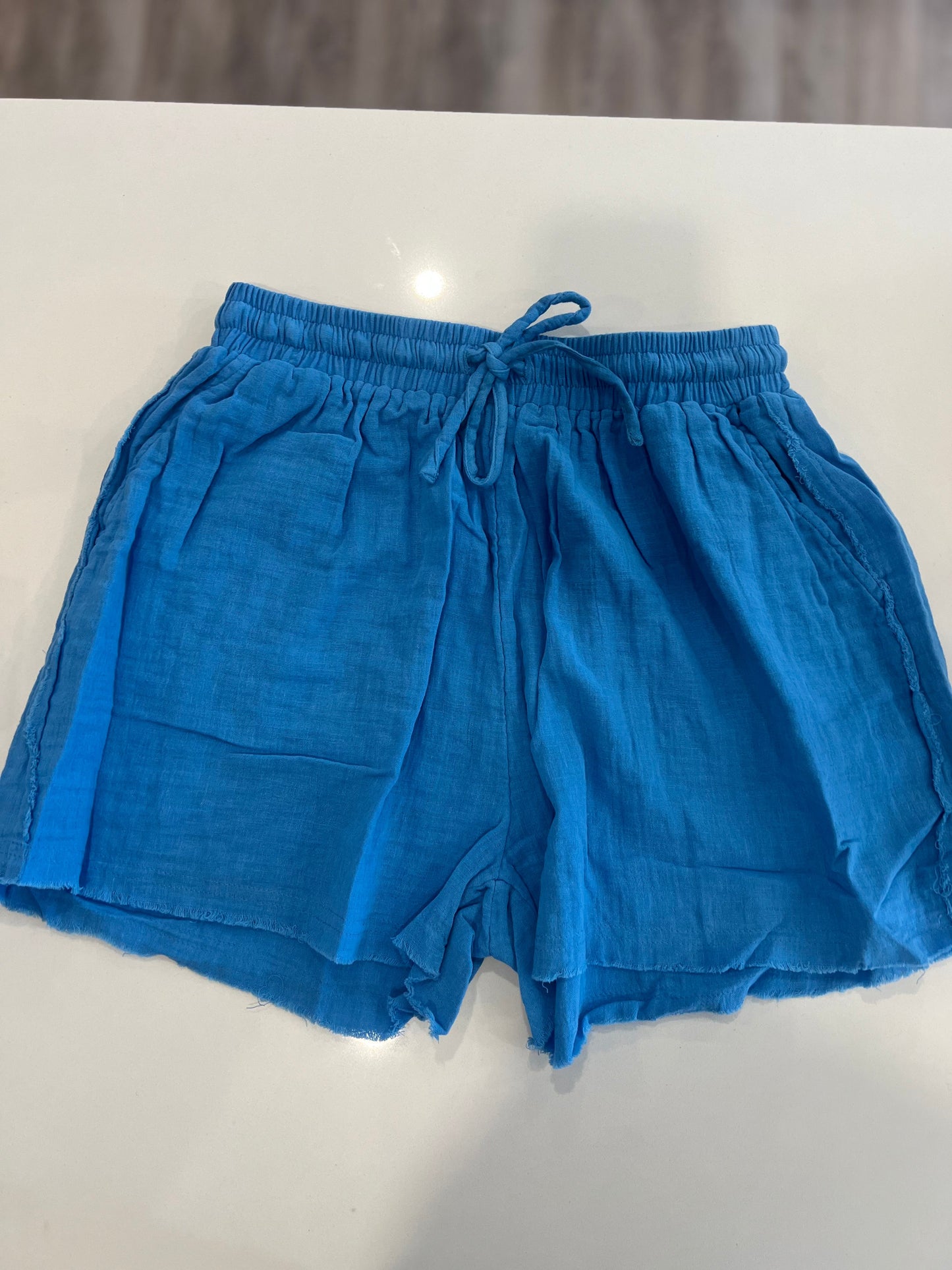 ELAN SKY BLUE DRAWSTRING SHORTS RAW FINAL SALE