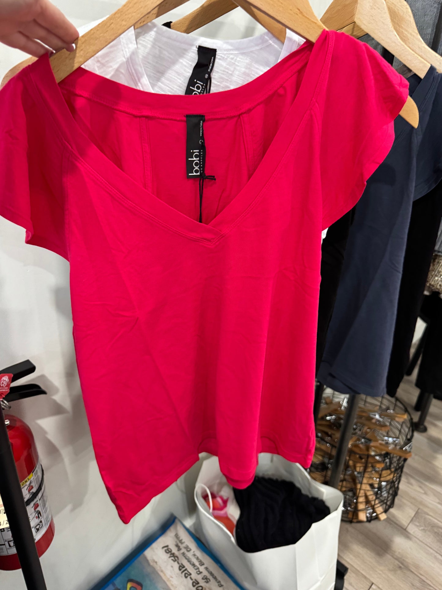 BOBI FLUTTER SLEEVE V NECK RAGLAN TEE RUBY PINK